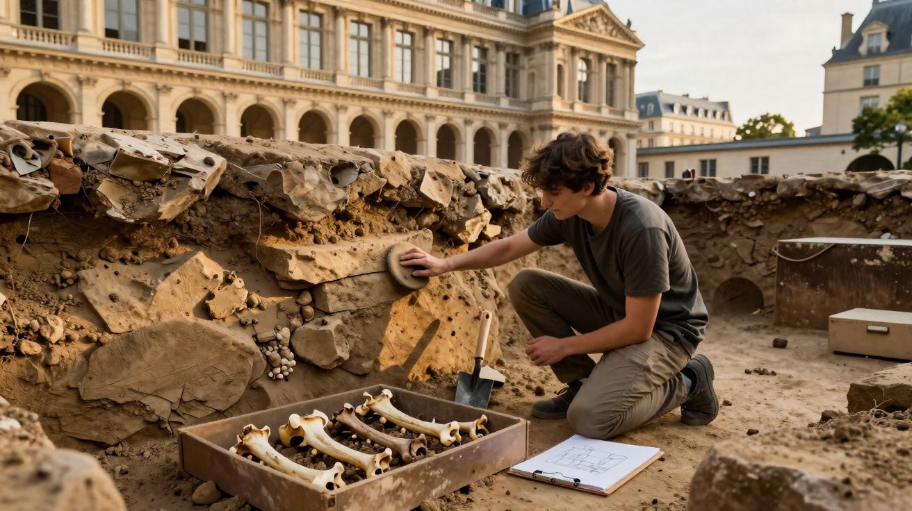 Jovem arqueólogo limpa um fóssil no sítio arqueológico com ossos expostos e edifício histórico ao fundo.