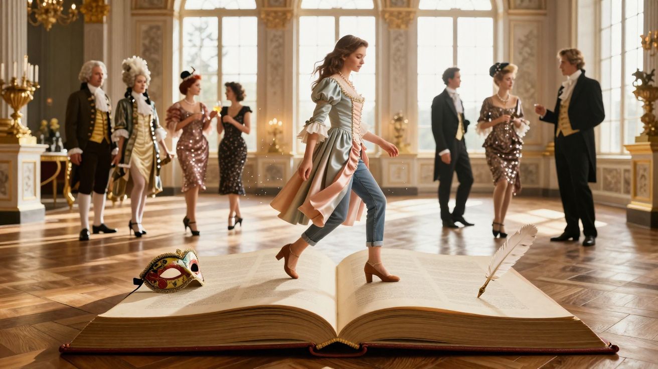 Mulher vestida em traje barroco caminha sobre livro gigante aberto em salão elegante com pessoas ao fundo.
