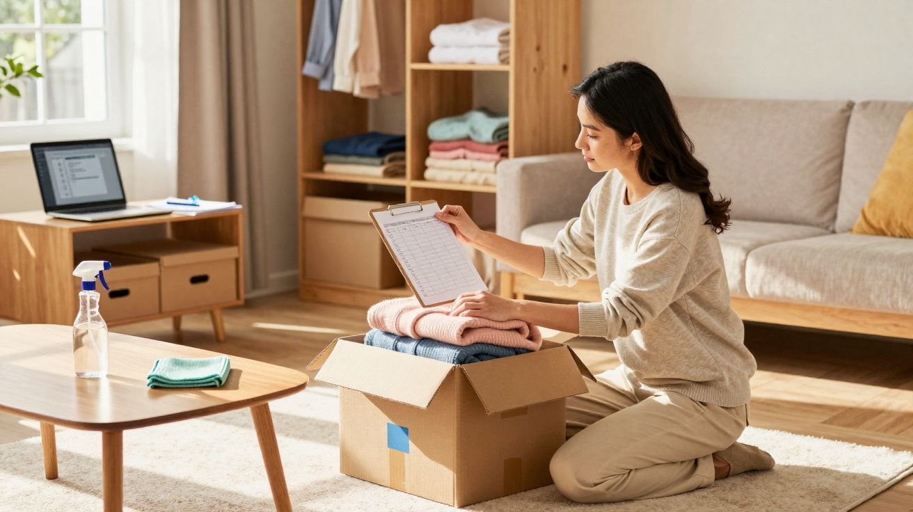 Mulher sentada no chão a organizar roupa numa caixa de cartão e a consultar lista num clipboard.