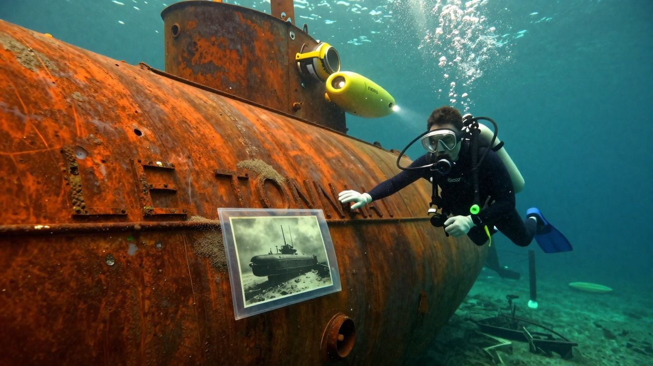 Mergulhador explora submarino submerso oxidado com foto antiga do submarino colada no casco.
