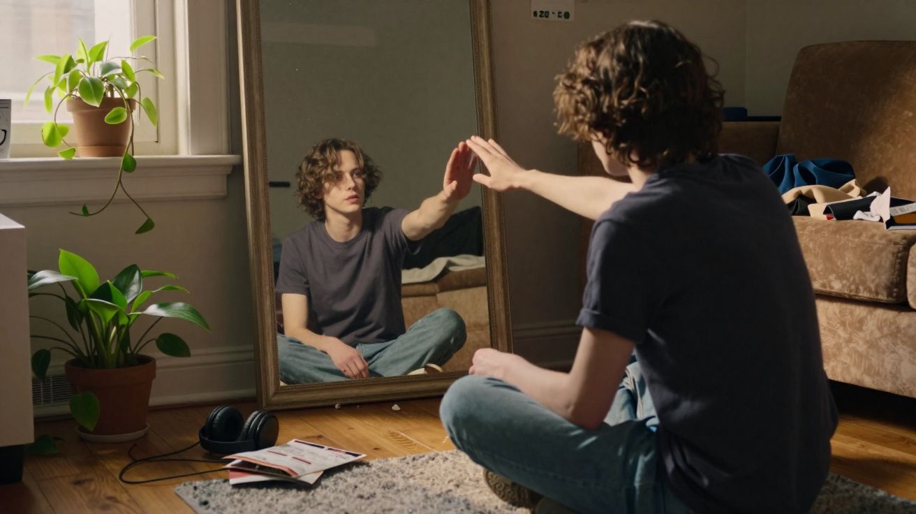 Homem sentado no chão em frente a espelho grande, tocando o reflexo com a mão direita na sala.