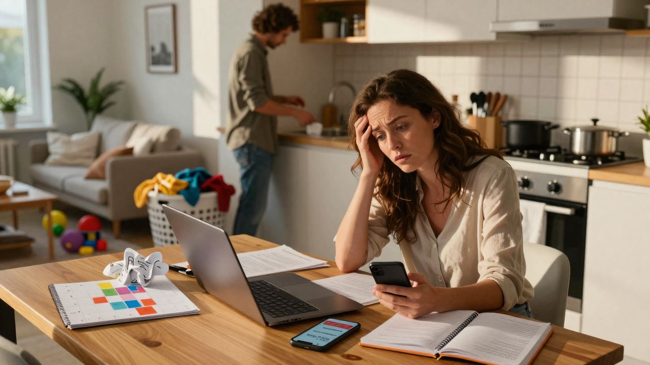 Mulher preocupada com contas na cozinha, com homem a preparar algo ao fundo e objetos organizados na mesa.