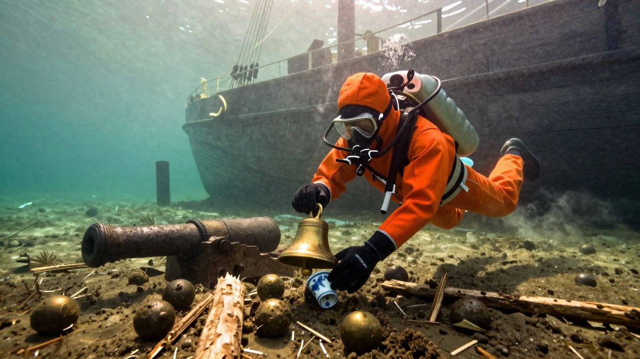 Mergulhador em fato laranja explora naufrágio antigo com canhão, sino e objetos no fundo do mar.
