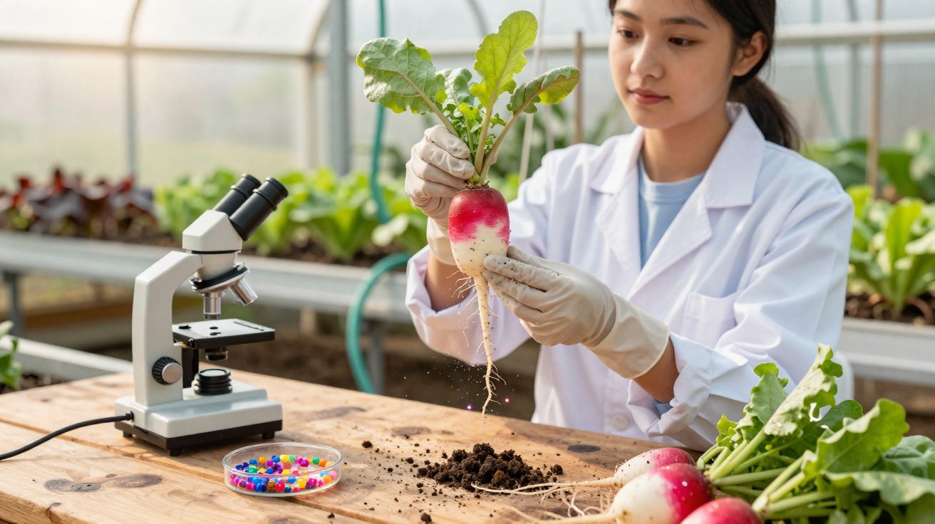 Investigadora em bata branca examina rabanete fresco num laboratório agrícola com microscópio.