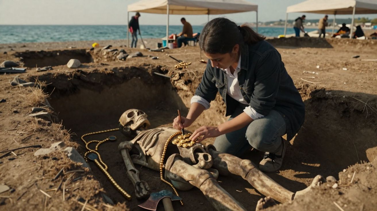 Mulher arqueóloga a examinar um esqueleto com artefactos dourados numa escavação próxima do mar.
