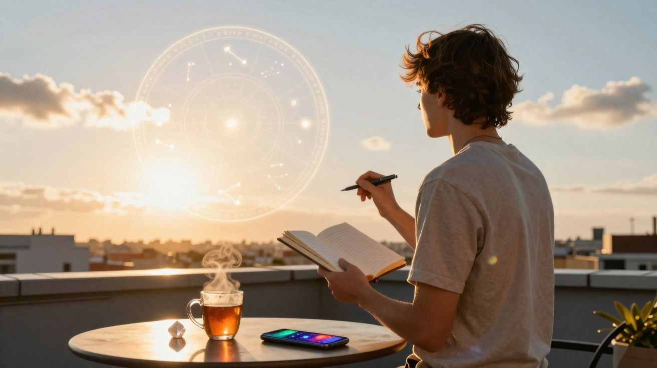 Jovem sentado numa varanda ao pôr do sol, a escrever num caderno com chá quente e telemóvel na mesa.