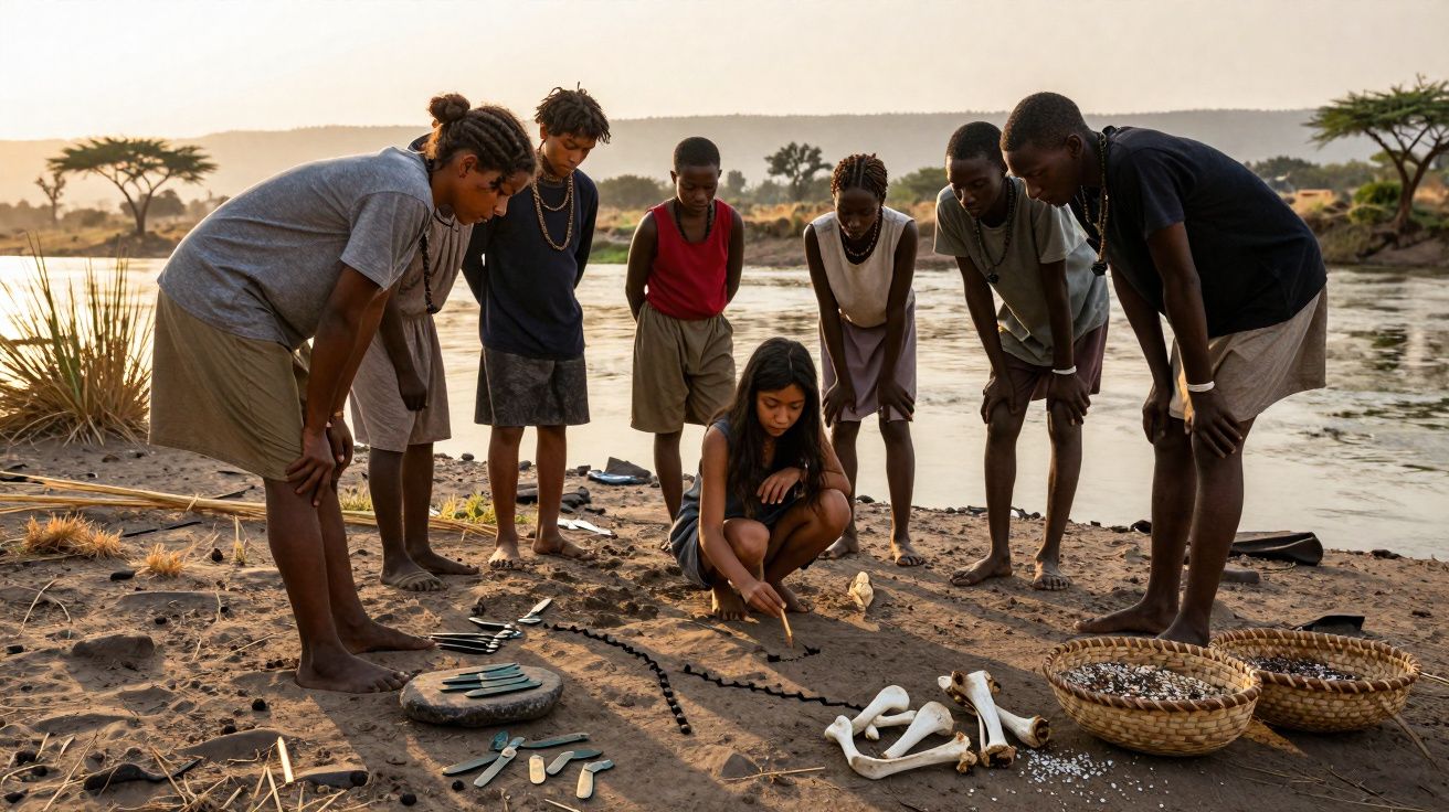 Grupo de crianças africanas junto a rio brincando com objetos e ossos na areia ao pôr do sol.