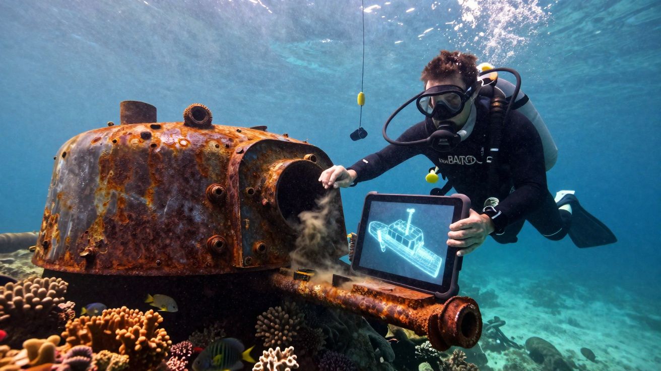 Mergulhador com equipamento a analisar um objeto submerso enferrujado com um tablet que mostra um esquema técnico.