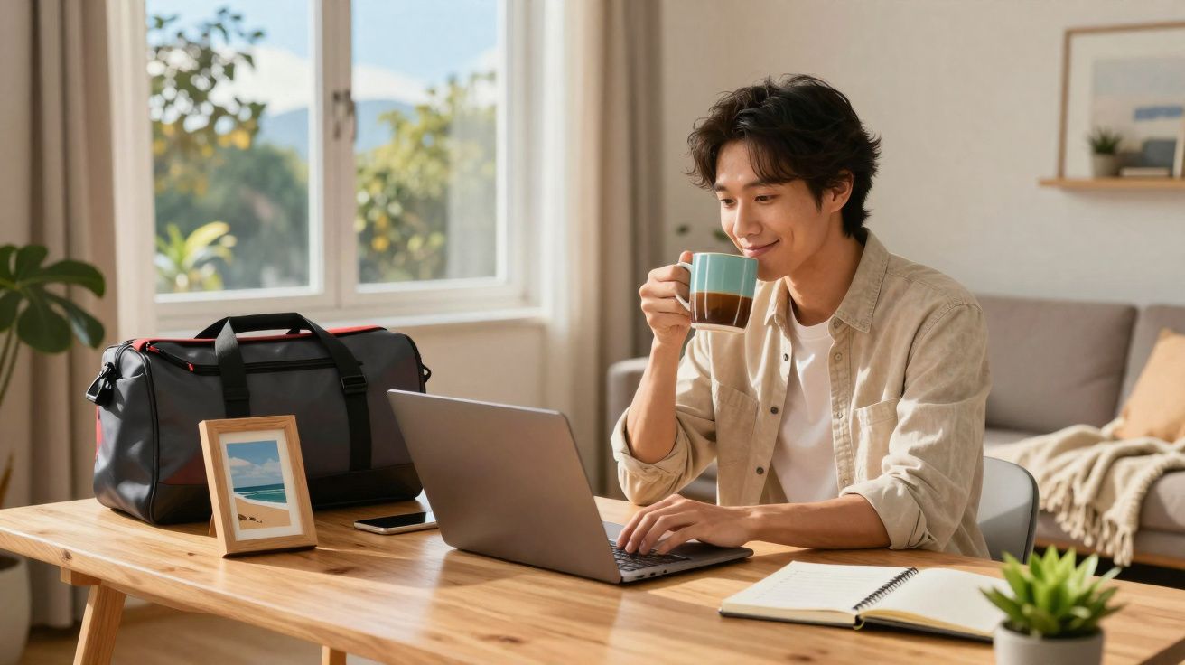 Homem sentado a trabalhar num portátil enquanto bebe café, numa sala luminosa e arrumada.