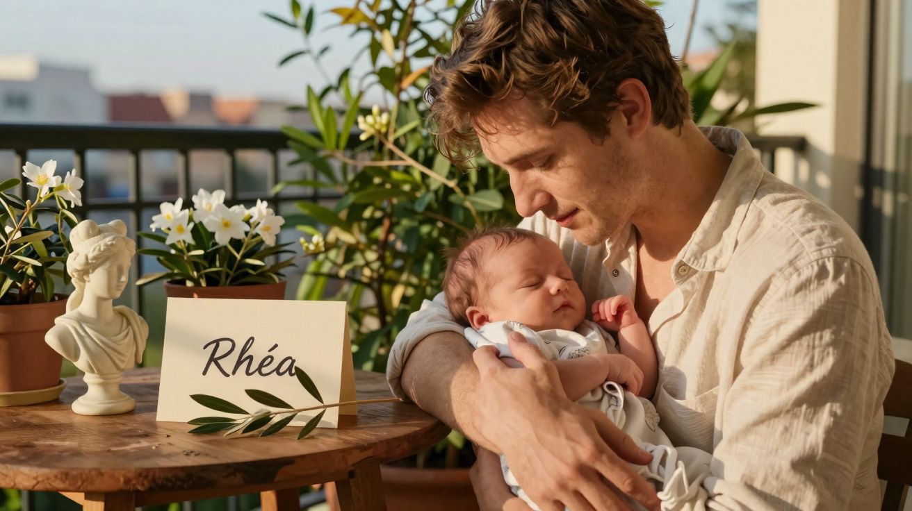 Homem abraça um bebé adormecido num ambiente exterior com plantas e um cartão com o nome Rhéa na mesa.