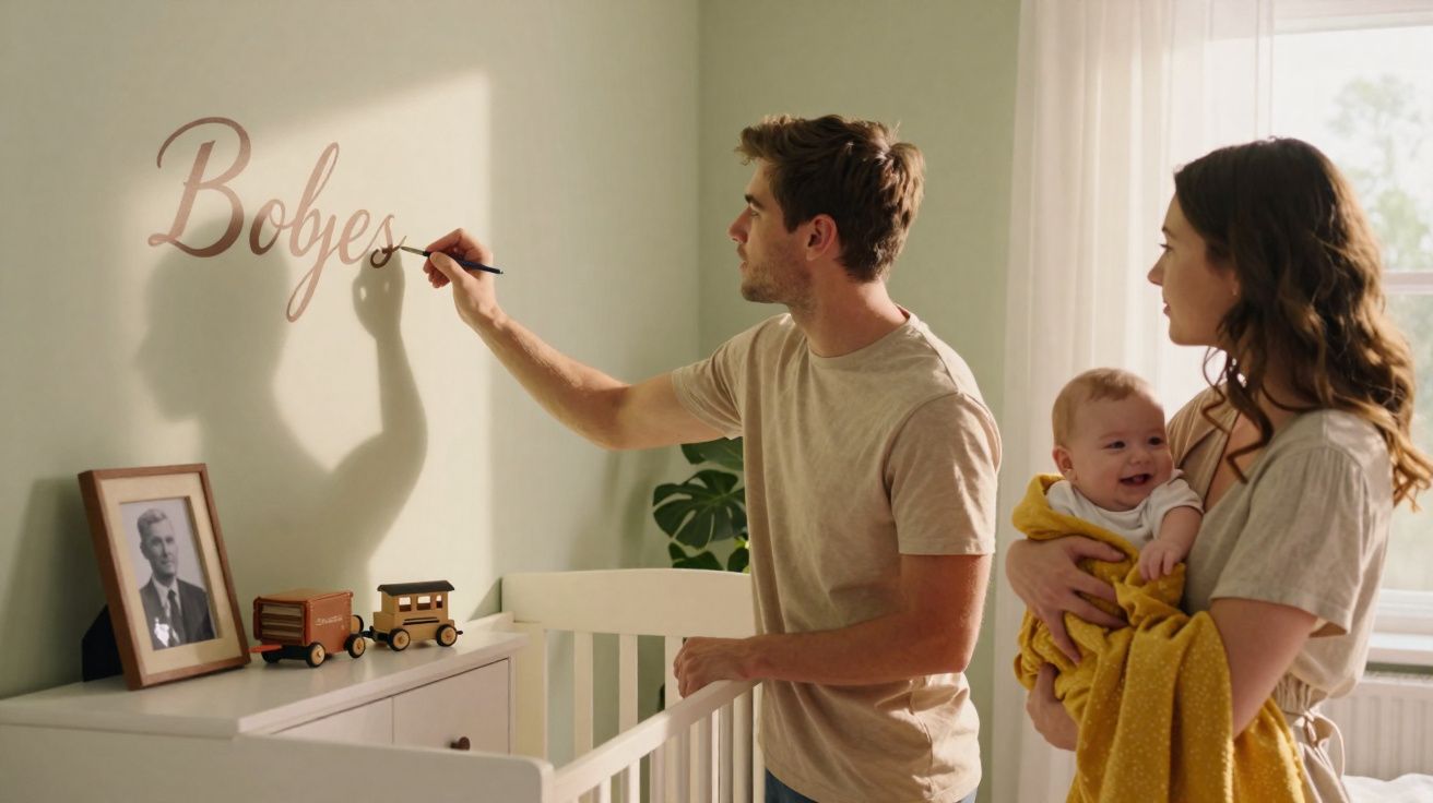 Homem escreve "Bebés" na parede de um quarto enquanto mulher segura bebé embrulhado num cobertor amarelo.