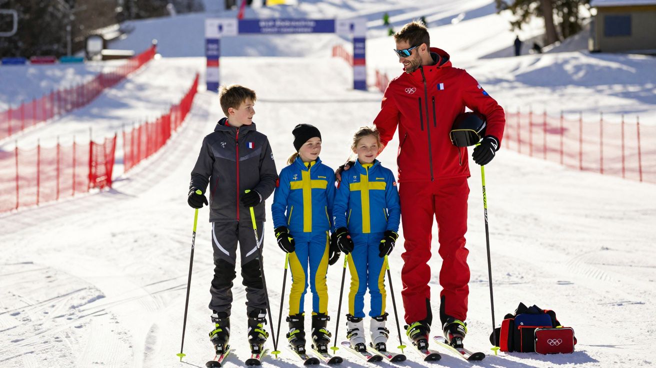 Quatro esquiadores, incluindo duas crianças suecas e um treinador francês, na pista de esqui em dia ensolarado.