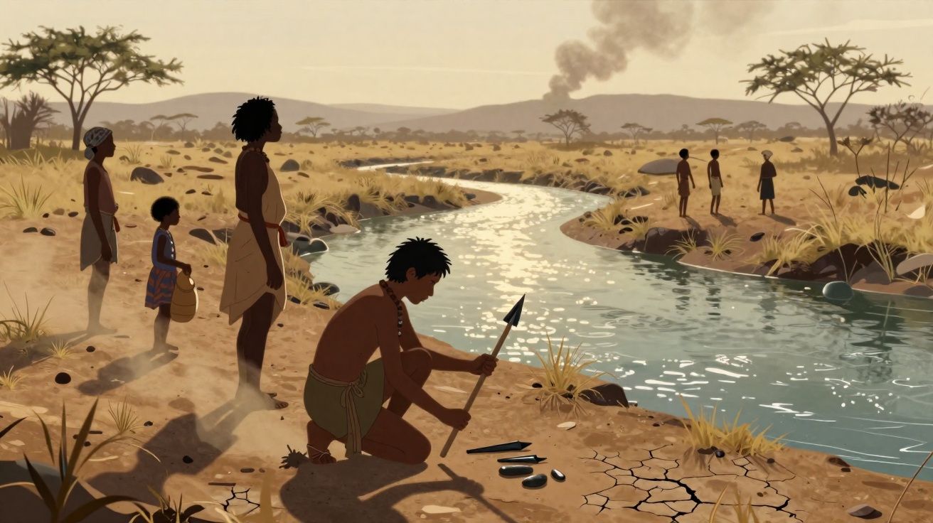 Pessoas indígenas junto a um rio numa paisagem africana seca, com fumaça ao fundo.