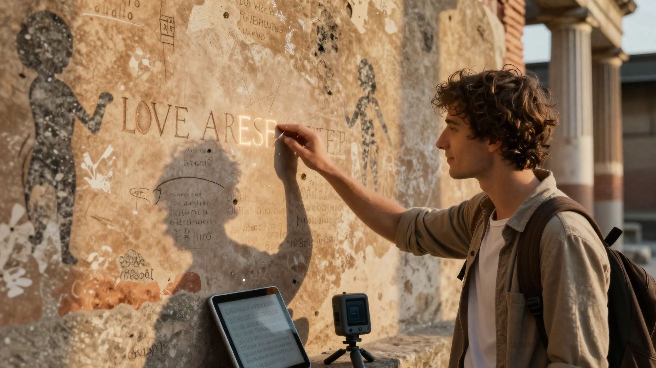 Jovem escreve na parede antiga com arte rupestre enquanto usa mochila e tem tablet e câmera à sua frente.