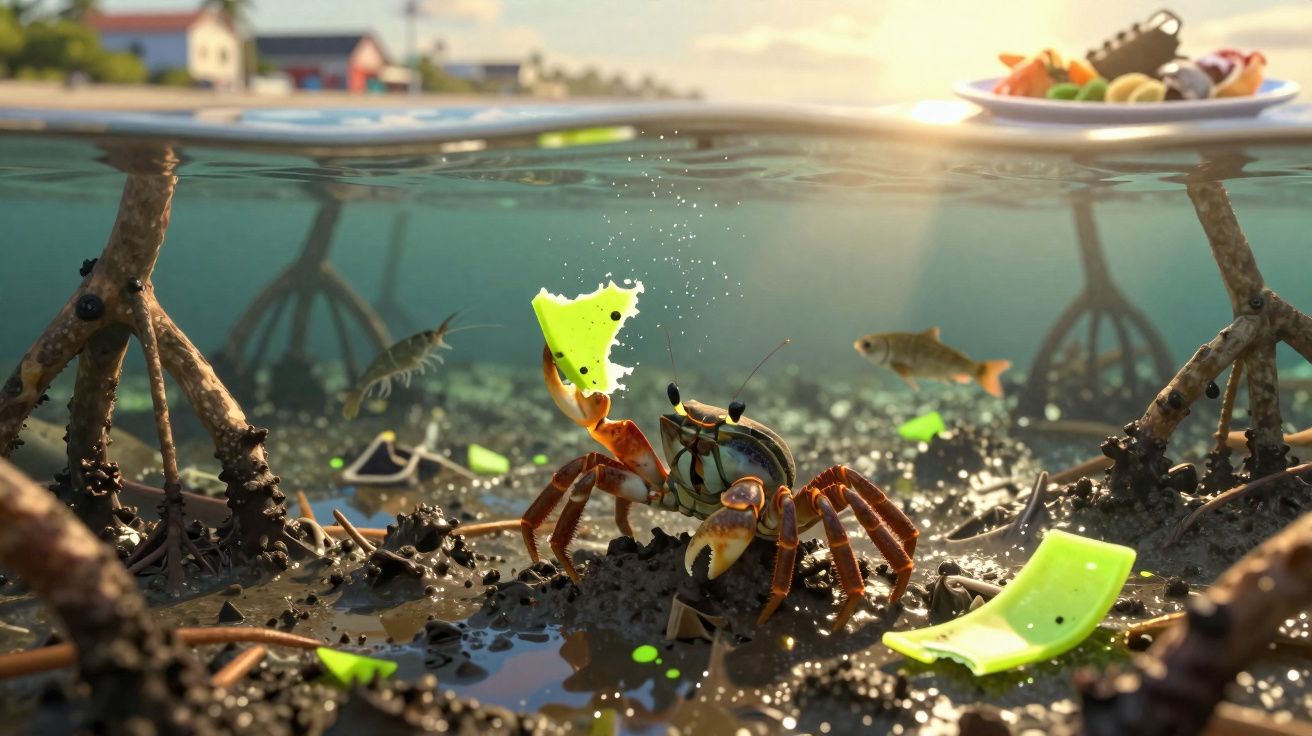 Caranguejo subaquático a segurar plástico verde num ecossistema de raízes com peixes e luz solar na superfície.