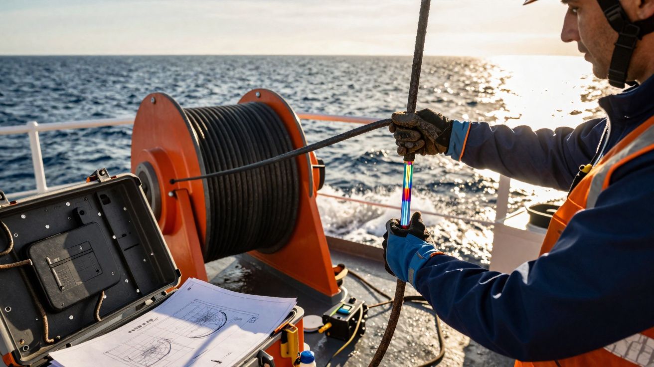 Homem a recolher amostra de água do mar com equipamento científico numa embarcação ao pôr do sol.