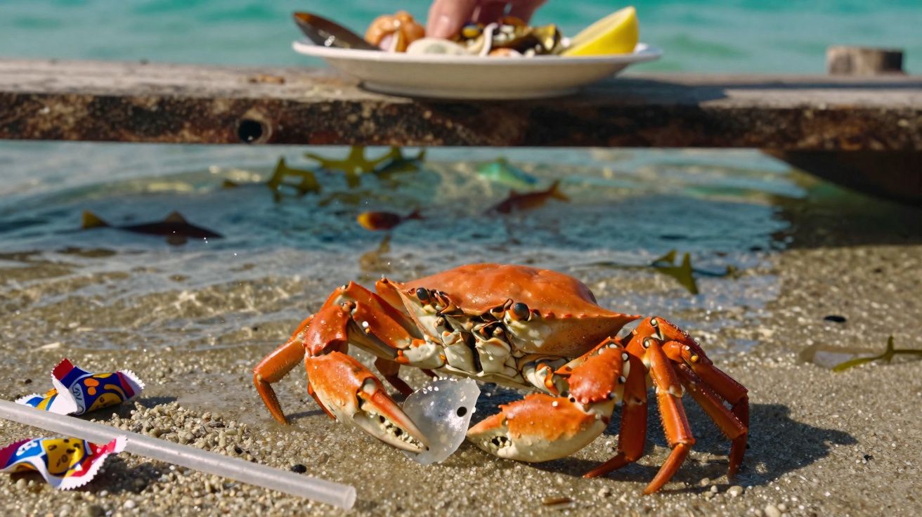Caranguejo vermelho na areia junto de lixo plástico com prato de frutos do mar ao fundo, junto à água do mar.