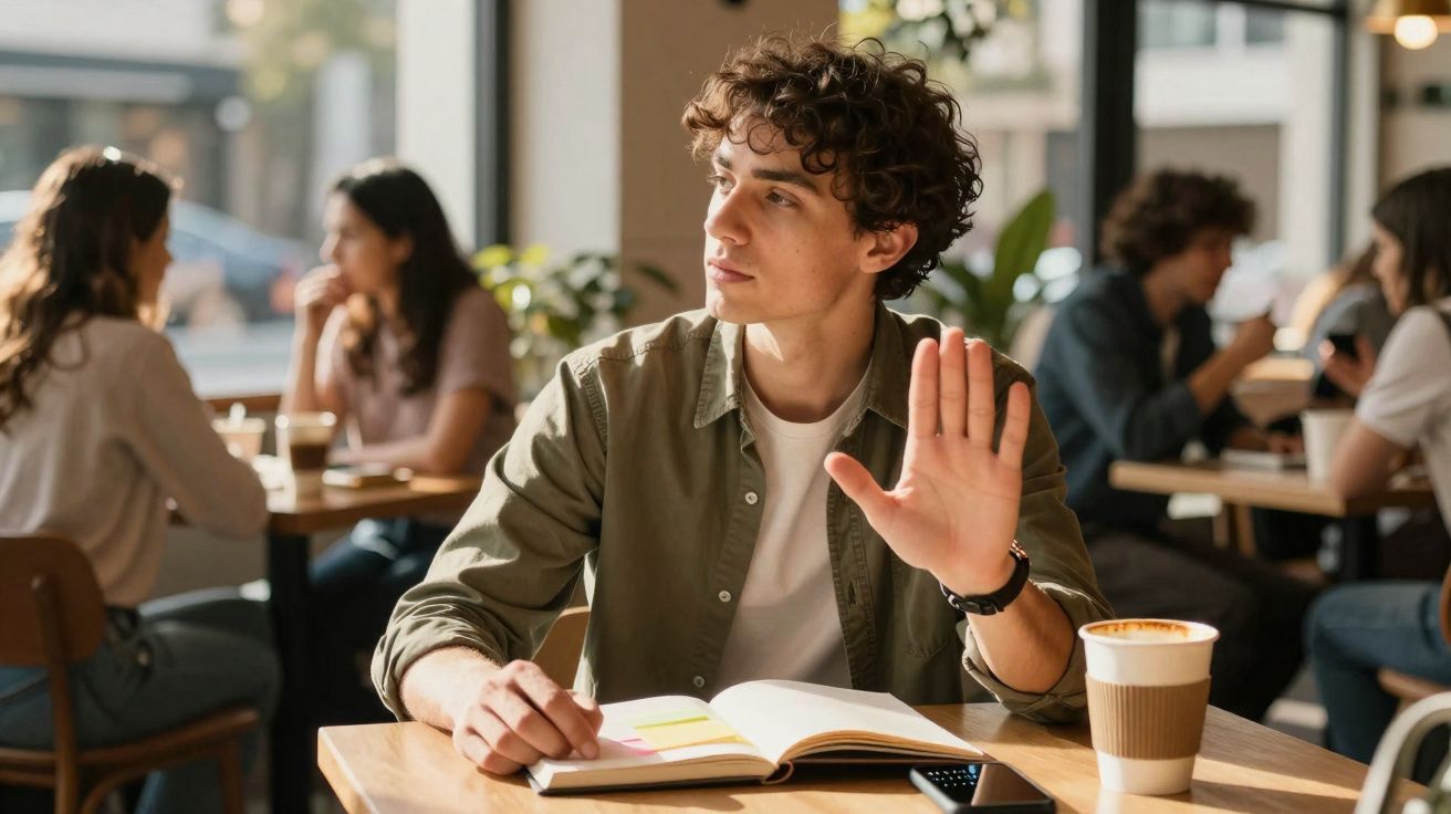 Jovem sentado num café com livro aberto, faz gesto de parar com a mão enquanto olha para o lado.