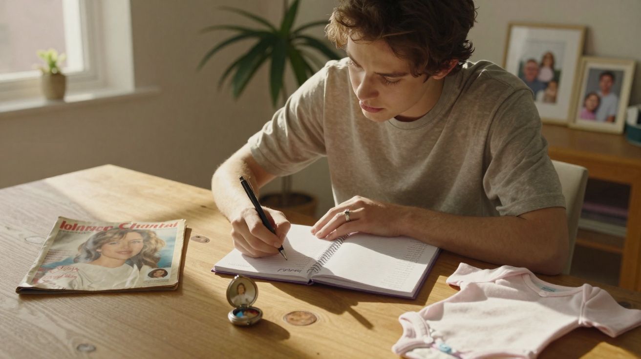 Jovem sentado a escrever num caderno num ambiente acolhedor com revista, relogio de bolso e roupa de bebé na mesa.