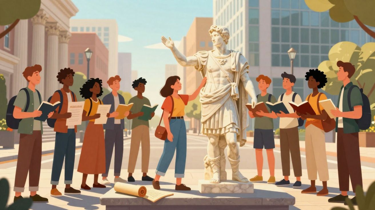 Grupo de estudantes a estudar uma estátua romana num ambiente urbano moderno durante o dia.