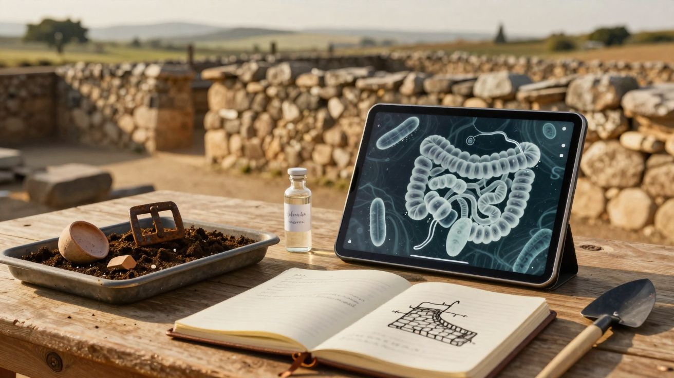 Mesa ao ar livre com tablet mostrando intestino, livro aberto, terra, utensílios de jardinagem e frasco pequeno.