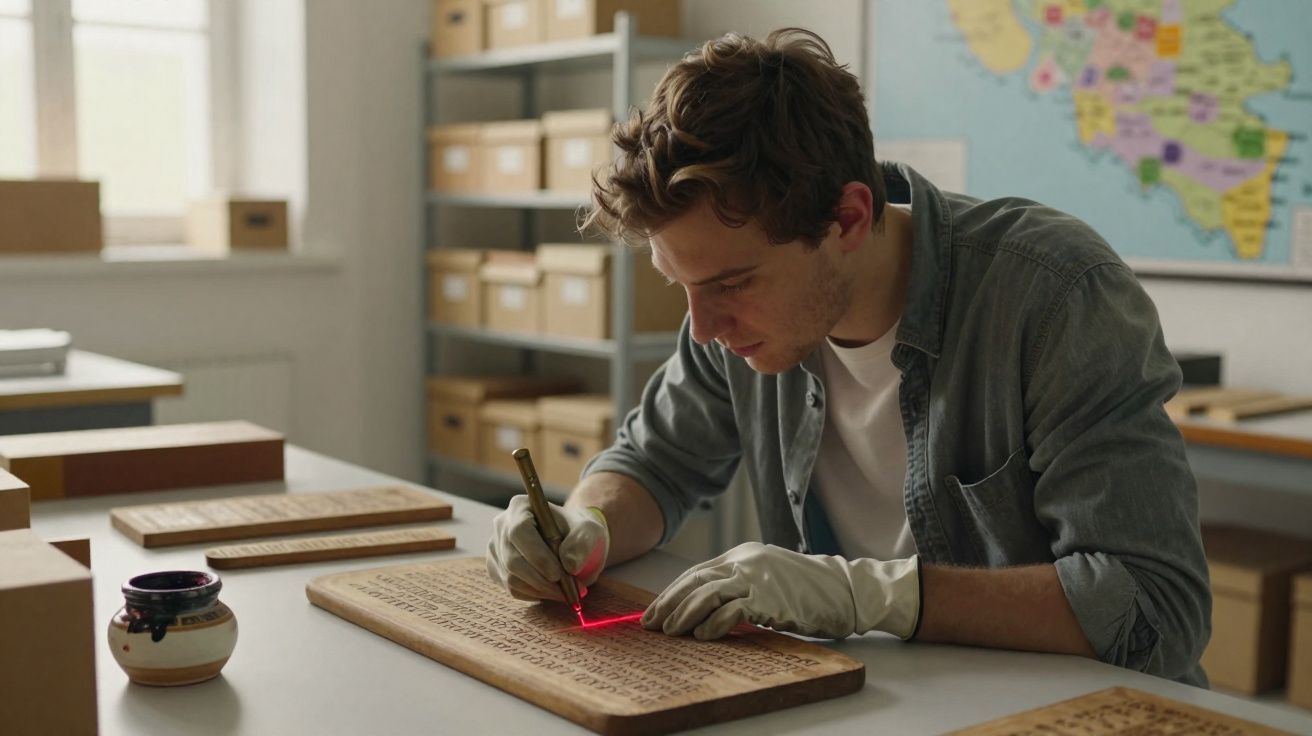 Homem a gravar à mão placa de madeira com ferramenta laser numa oficina.