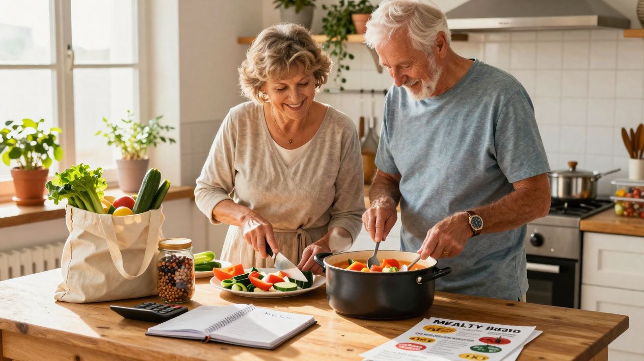 Casal sénior a cozinhar legumes frescos juntos numa cozinha luminosa e acolhedora.