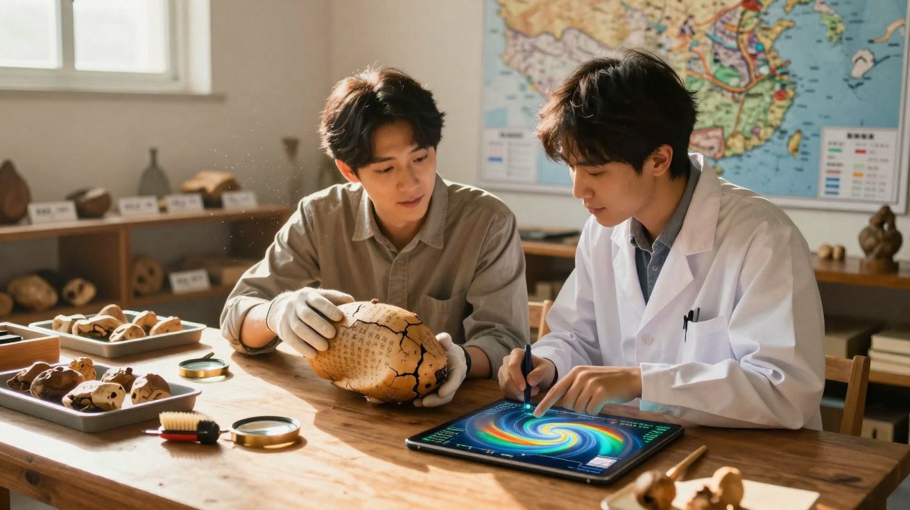 Dois cientistas analisam um artefacto antigo e um tablet com gráficos coloridos numa sala de estudo.