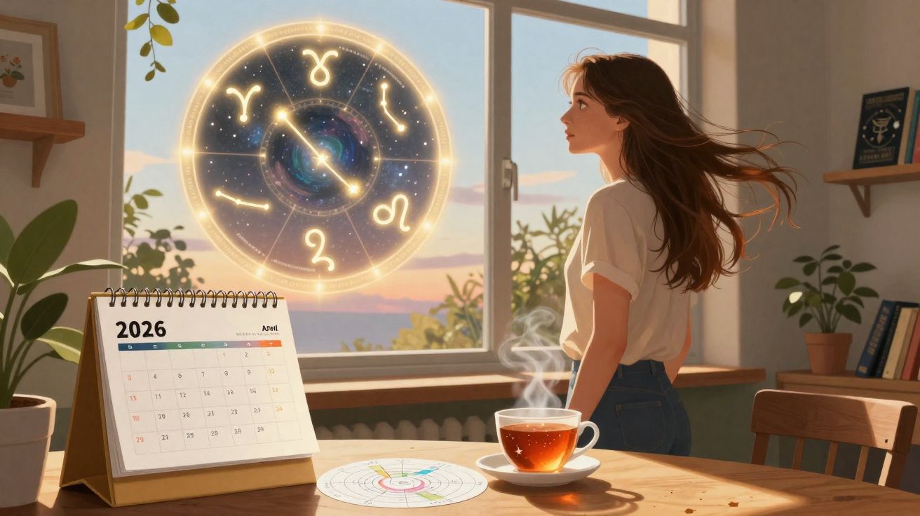 Mulher observa sinais do zodíaco luminosos na janela, com calendário 2026 e chá a vapor na mesa.