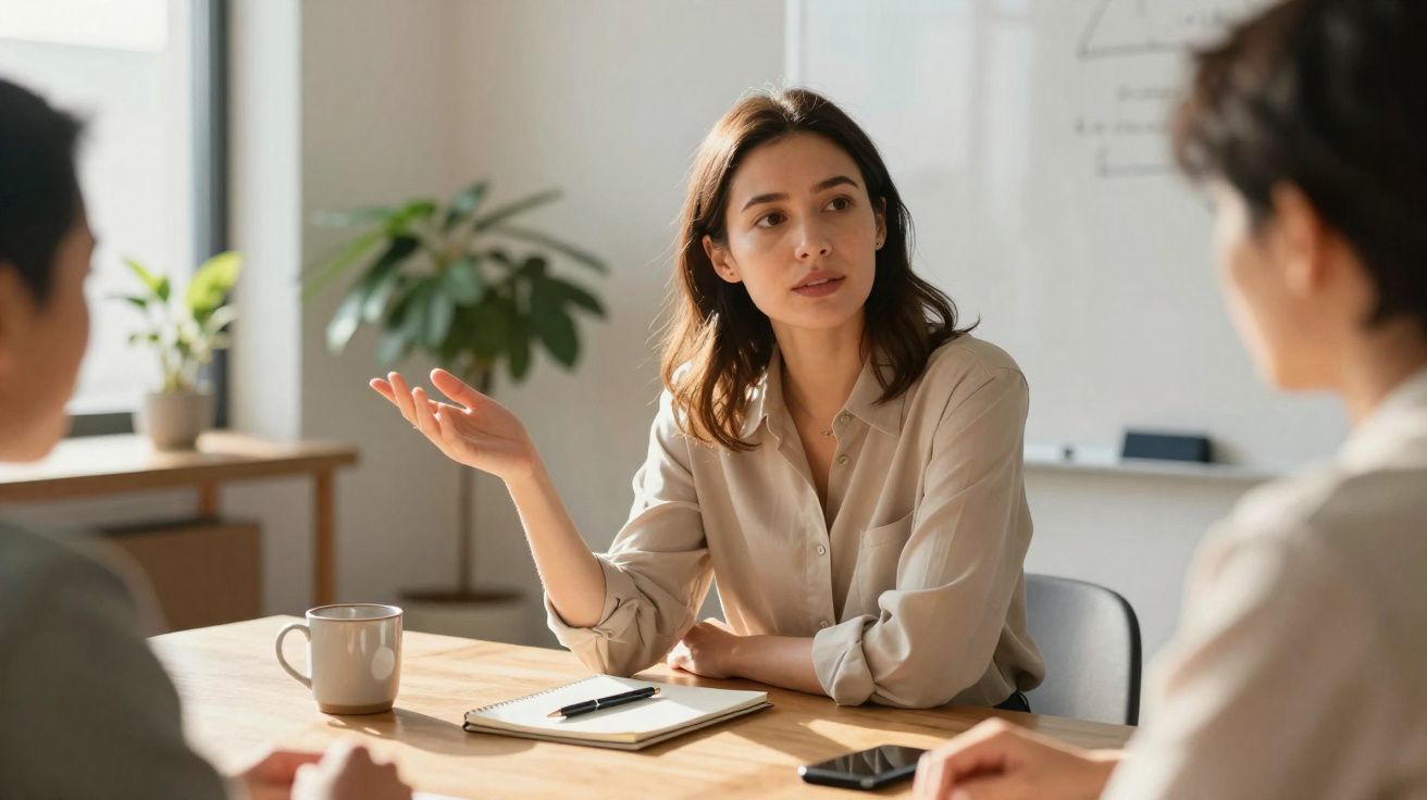 Mulher de camisa clara conversa com duas pessoas numa reunião informal num escritório moderno e iluminado.