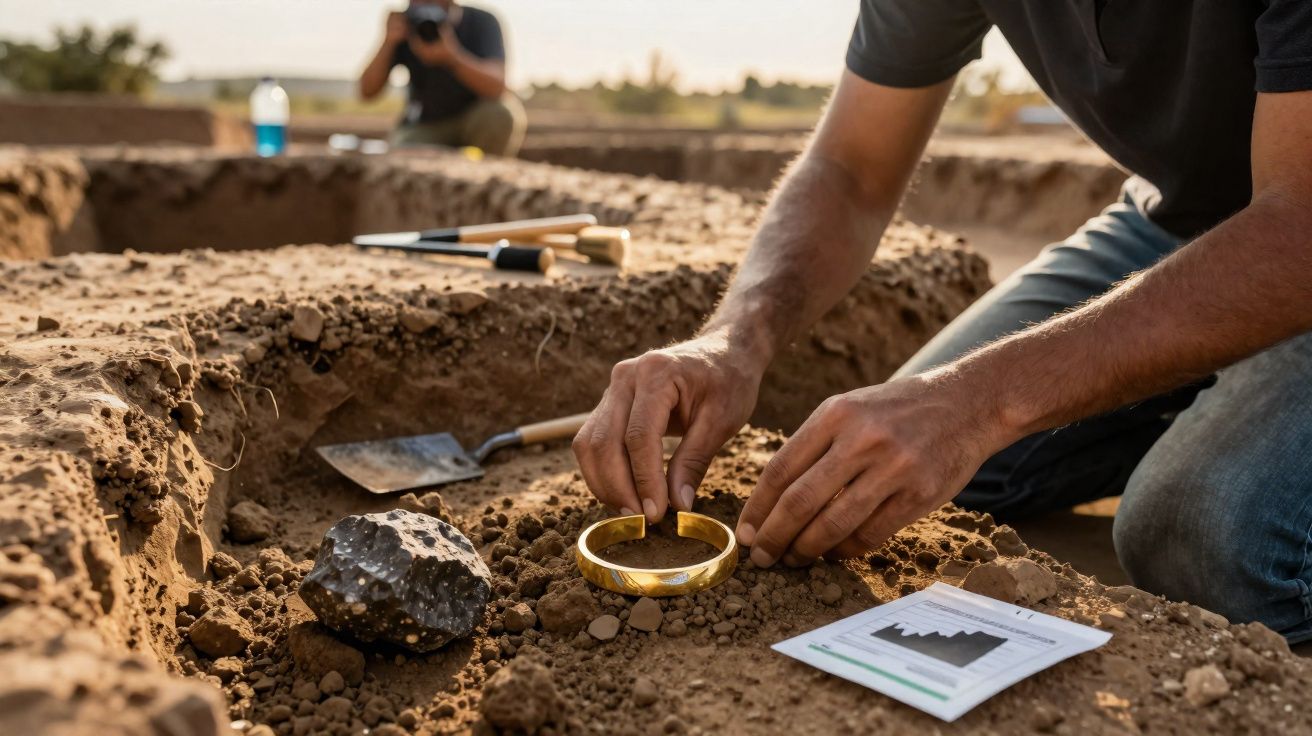 Arqueólogo a escavar e a segurar um bracelete dourado numa escavação ao ar livre, com ferramentas e notas.