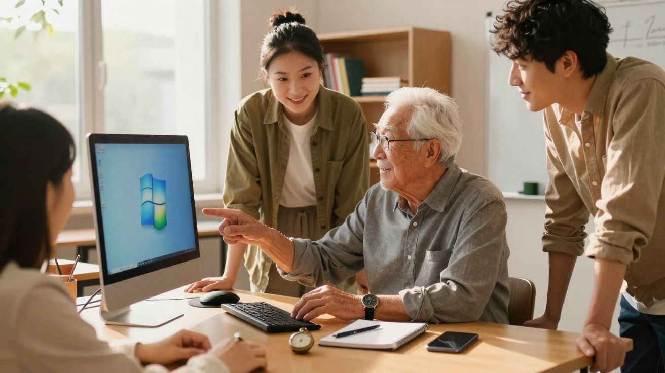 Homem idoso a explicar algo no computador para três jovens numa sala de escritório iluminada.