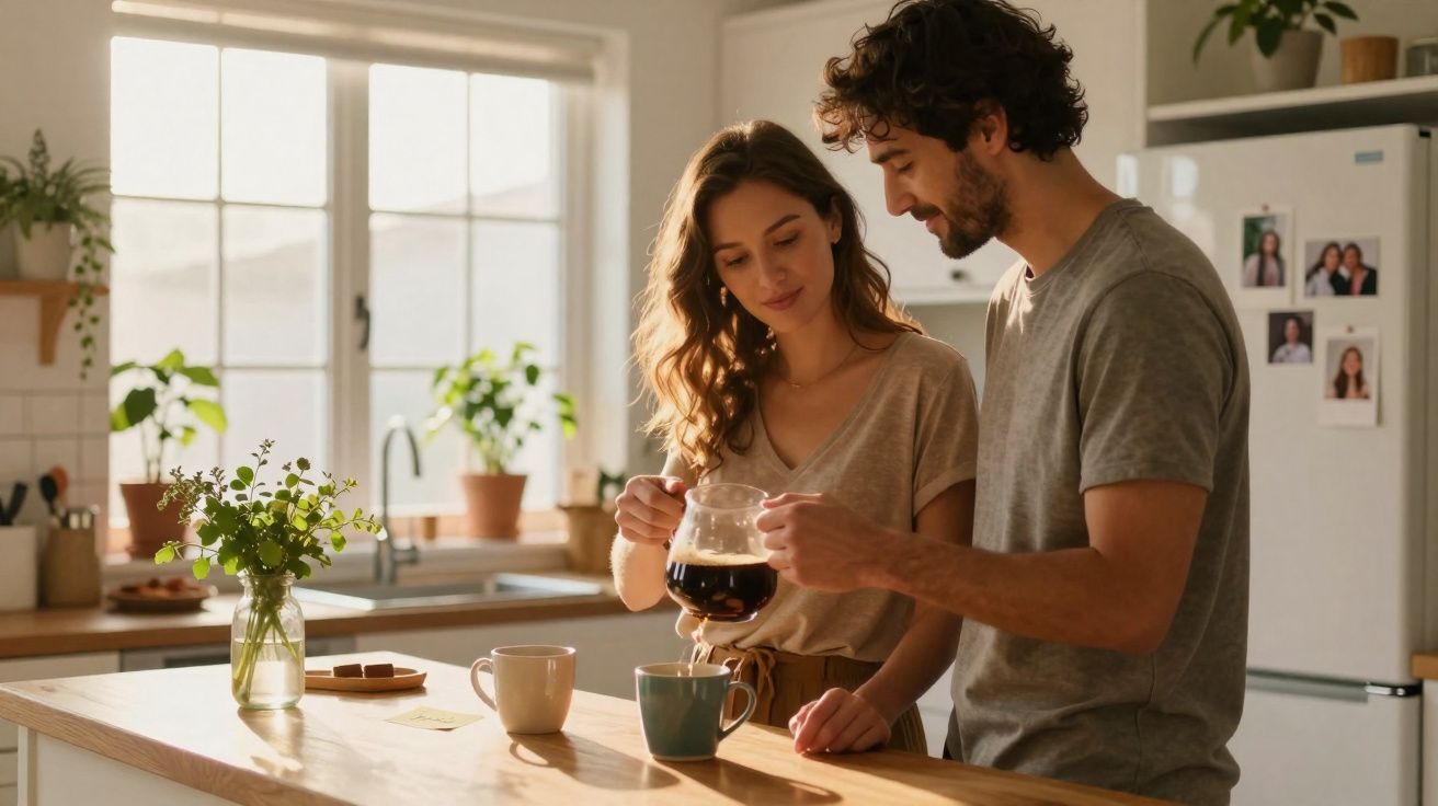 Casal jovem a preparar café na cozinha iluminada com plantas e decoração simples.