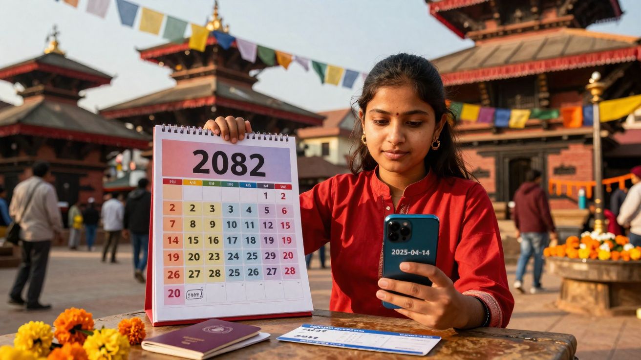 Mulher sentada com calendário do ano 2082 e telemóvel, em praça com arquitetura tradicional nepalense ao fundo.