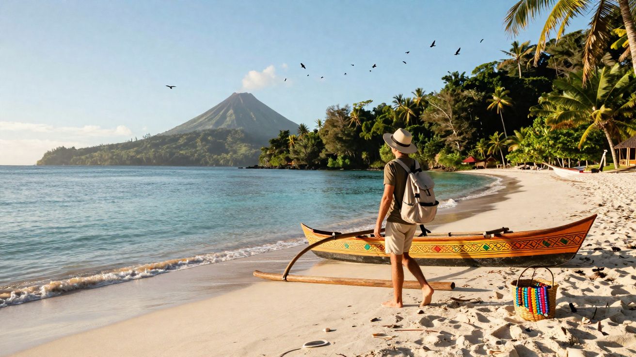 Homem com chapéu e mochila caminha numa praia junto a um barco tradicional, com montanha e palmeiras ao fundo.