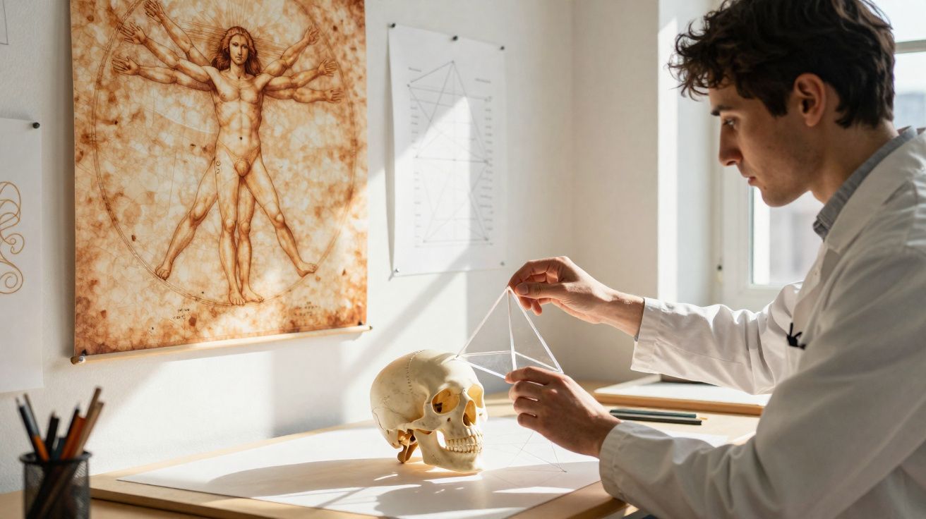 Homem vestido de branco a medir um crânio com instrumentos numa mesa iluminada, com quadro da figura humana ao fundo.