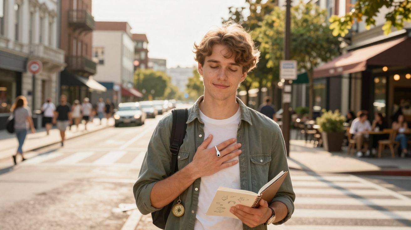 Jovem com caderno na mão e mão no peito, em rua movimentada com pessoas e cafés ao fundo.