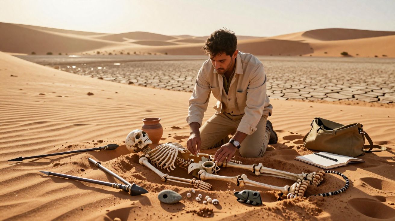 Homem examina esqueletos e artefatos arqueológicos numa escavação no deserto com dunas e solo seco ao fundo.