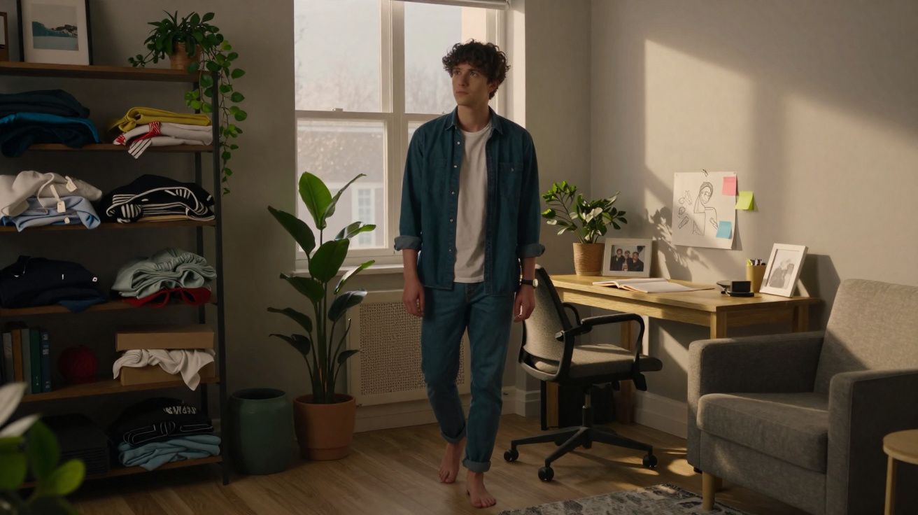 Jovem descalço em quarto iluminado a luz natural, com estante de roupas, plantas, secretária e cadeira de escritório.