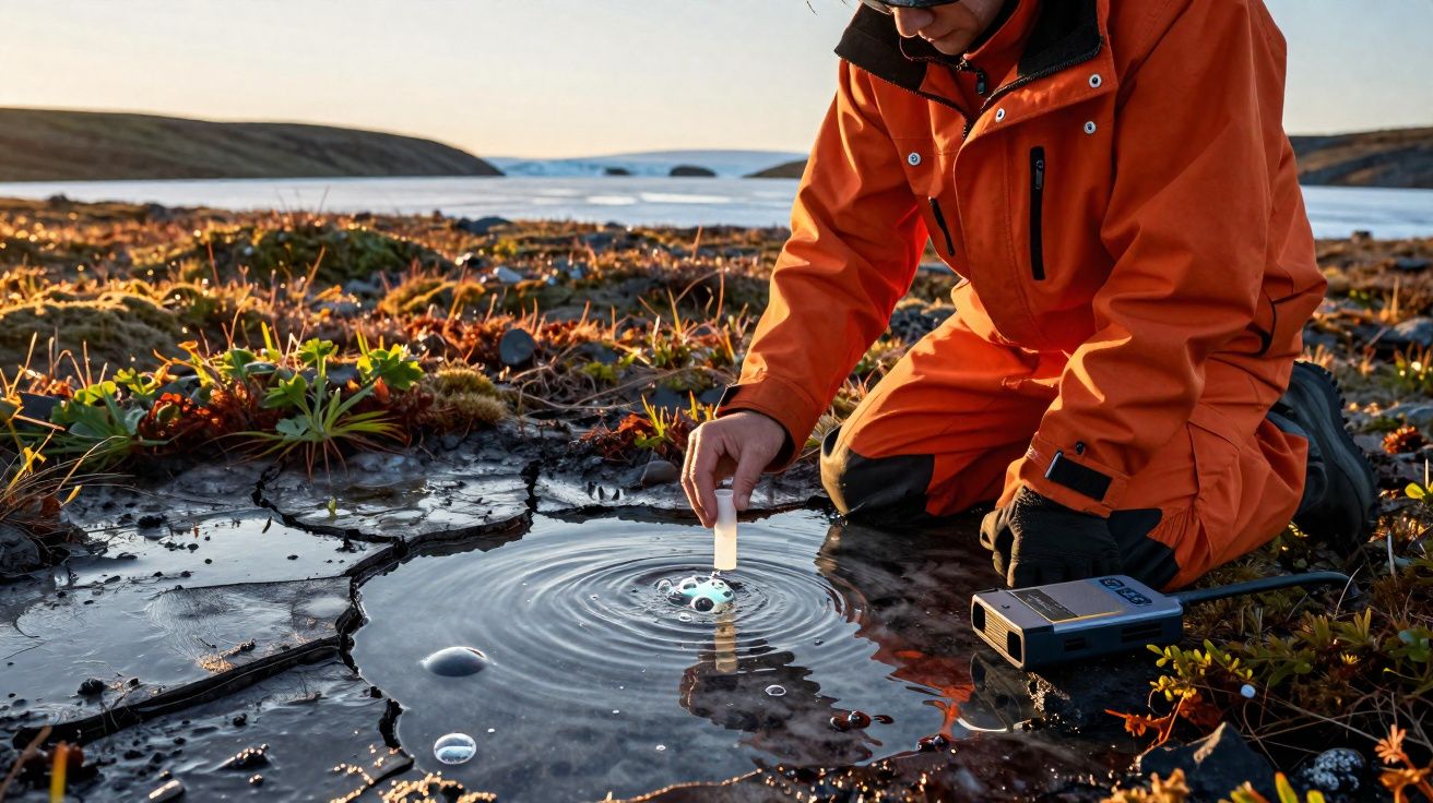 Pessoa com fato laranja recolhe amostra de água gelada numa paisagem natural com vegetação rasteira e icebergues ao fundo.