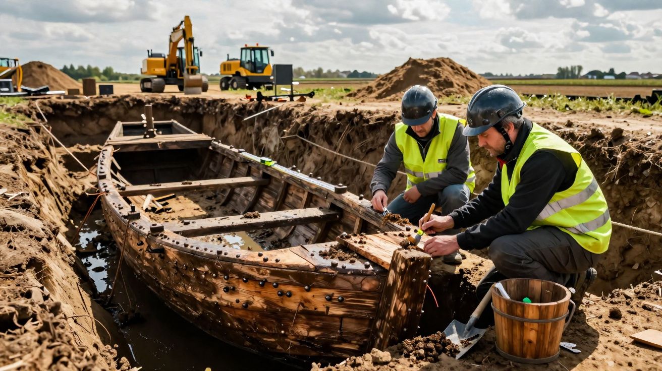Dois arqueólogos com coletes refletivos e capacetes a examinar um barco antigo escavado numa vala.