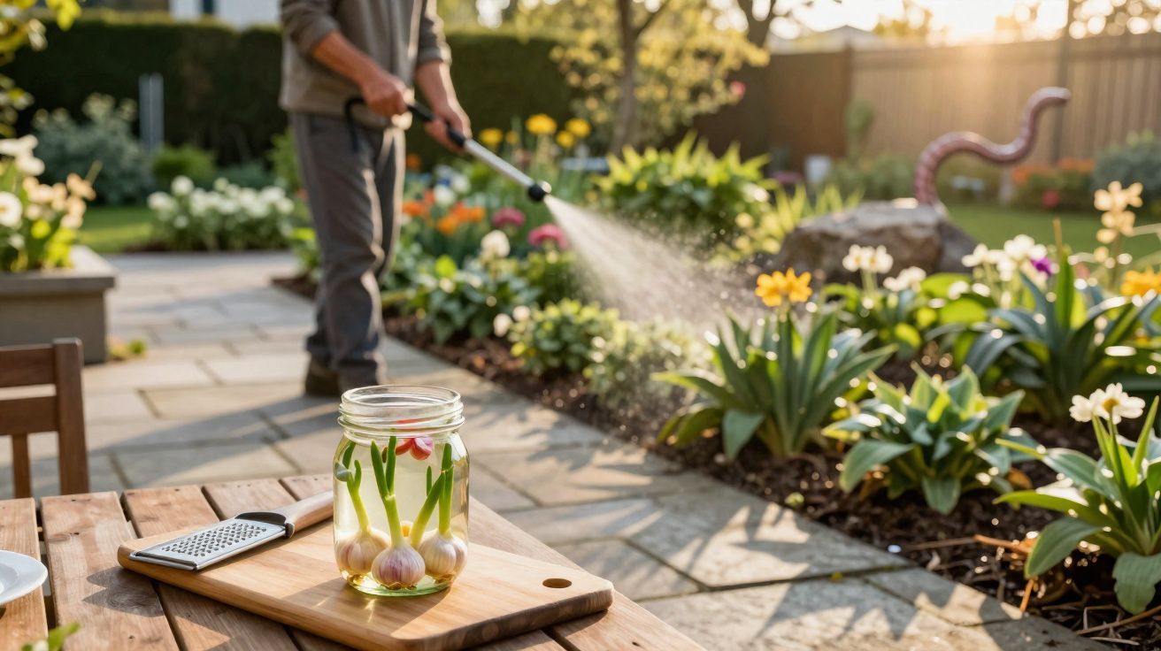 Pessoa a regar flores num jardim com jarra de alho a germinar numa mesa em primeiro plano.