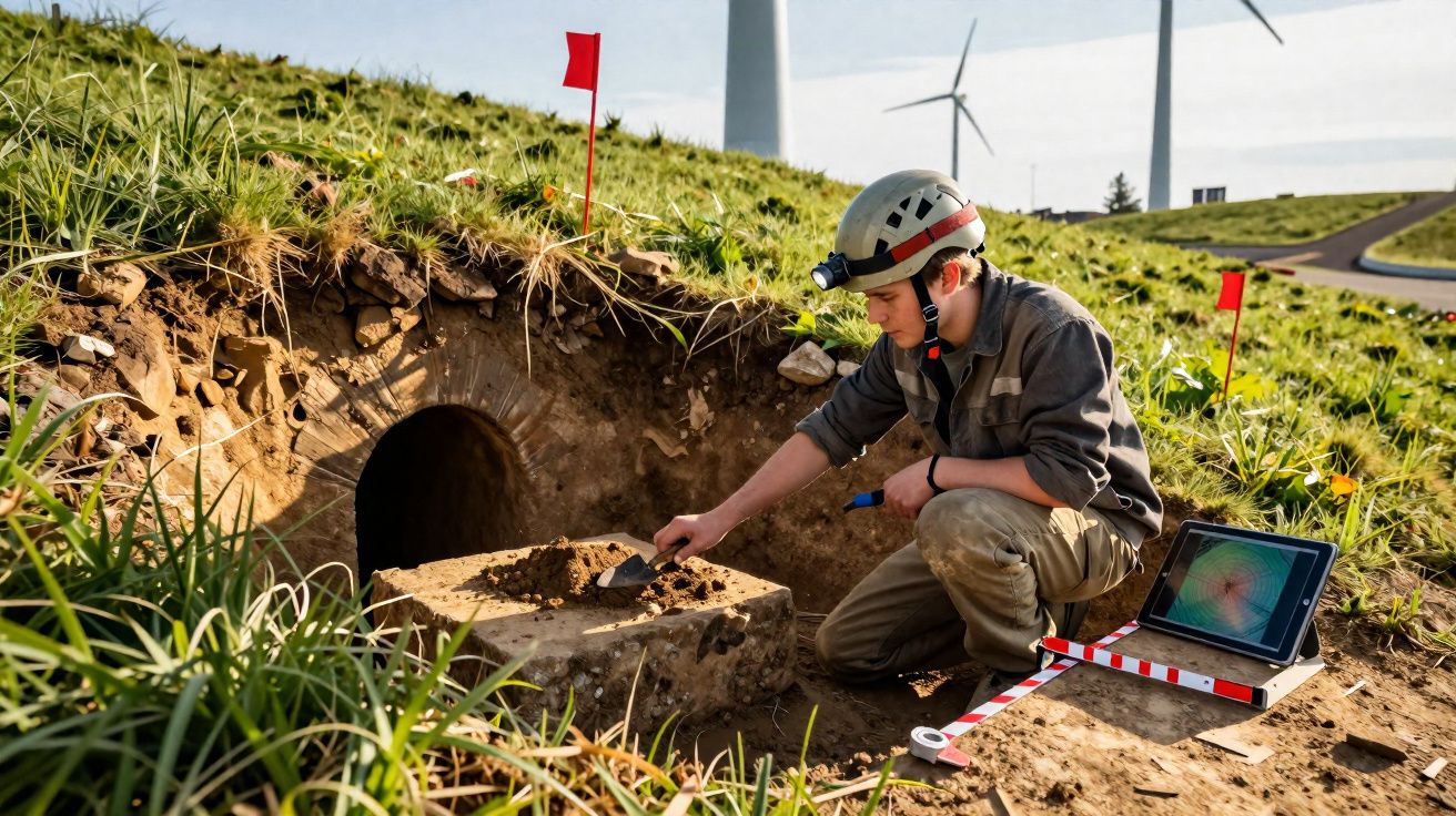 Homem com capacete escava perto de entrada de túnel, com turbinas eólicas ao fundo e laptop no chão.