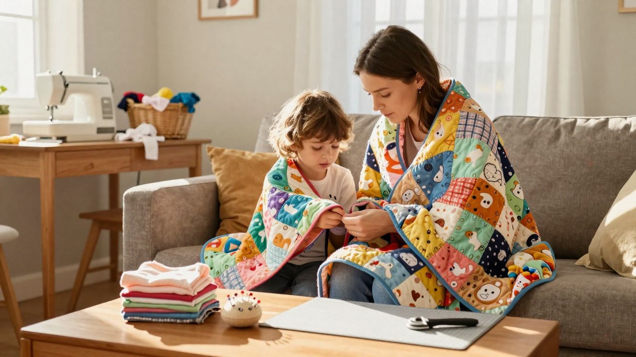 Mulher e criança sentados no sofá, enrolados em manta colorida, a costurar juntos numa sala acolhedora.