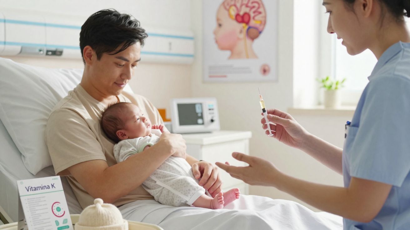 Pai segura bebé recém-nascido sentado em cama de hospital enquanto enfermeira prepara vacina com seringa.