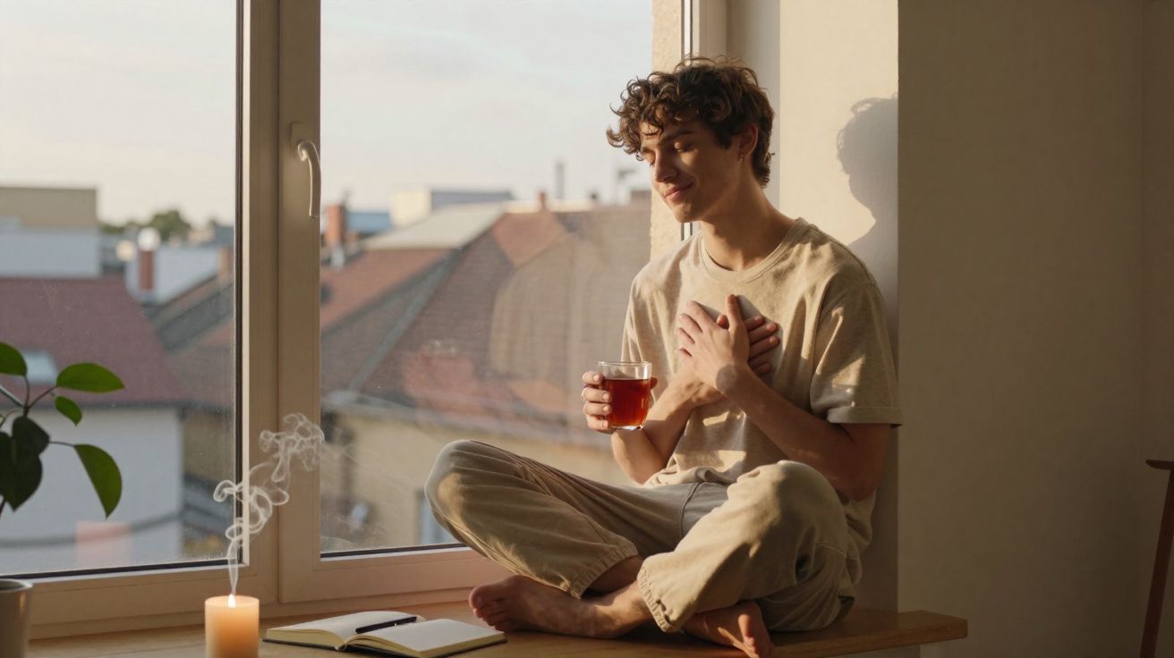 Jovem sentado na janela com chá na mão, desfrutando de um momento de tranquilidade ao amanhecer.