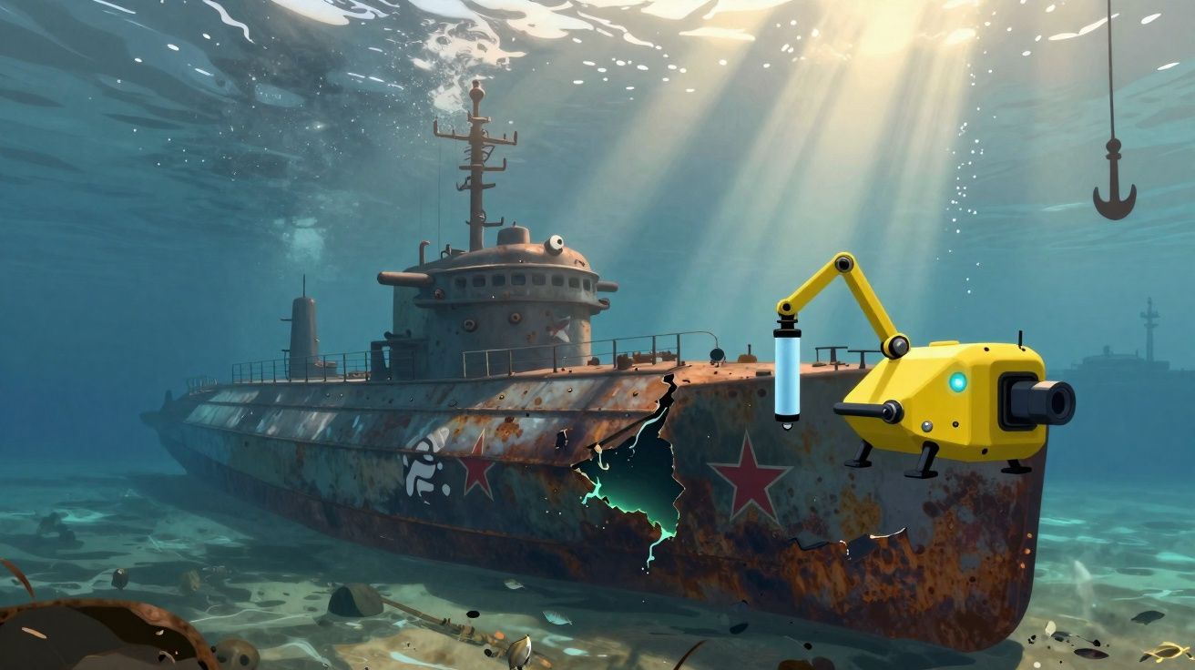 Submarino oxidado no fundo do mar com robô amarelo a inspecionar um grande buraco no casco.