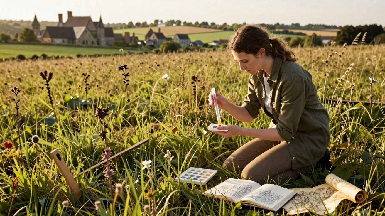 Mulher sentada em campo verde a estudar plantas com caderno e amostras durante o pôr do sol.