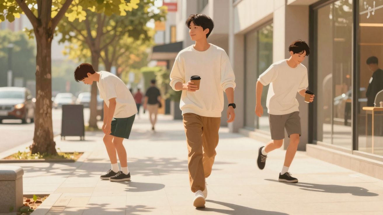 Três jovens com roupa casual num passeio urbano, um deles a caminhar com café na mão.