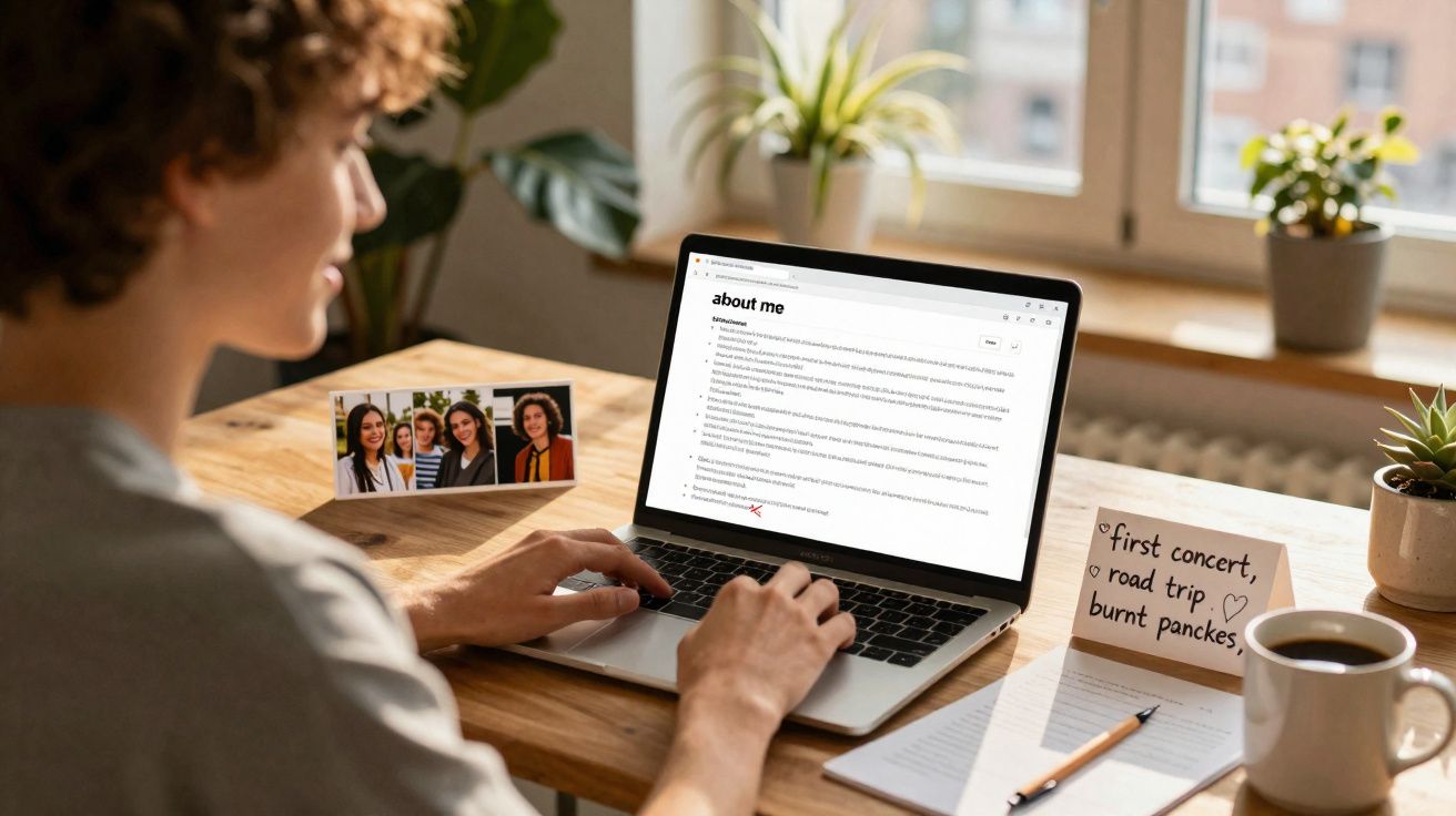 Pessoa a escrever texto "about me" num computador portátil numa secretária com caderno e fotografia de grupo.
